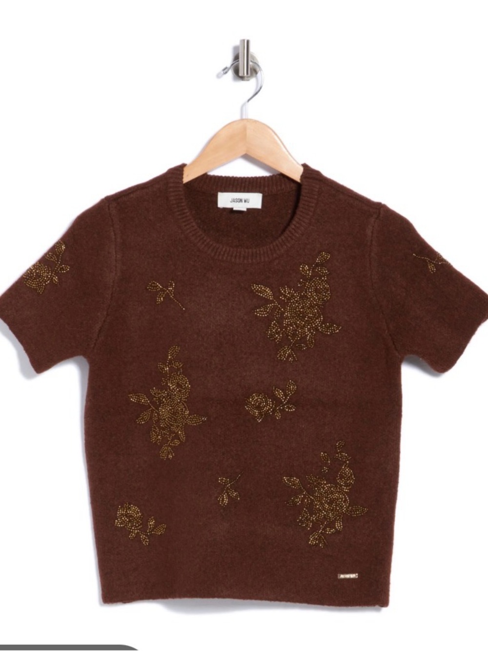 Embellished Brown Short-Sleeve Crewneck Sweater - Floral Bead Detail